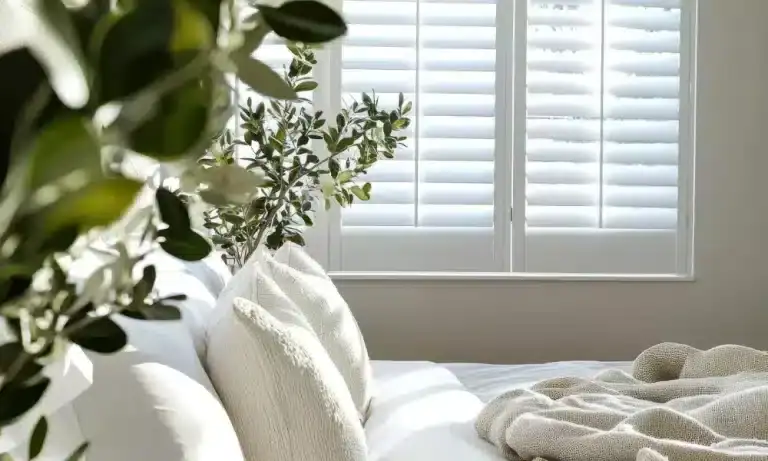 White plantation shutters on a bedroom window for privacy and light control.