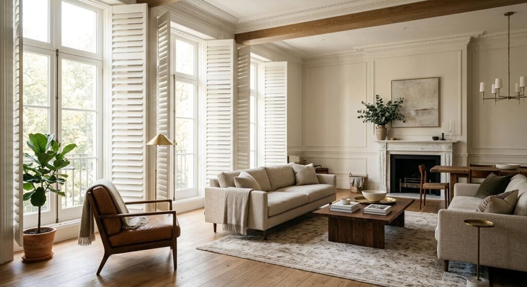 Bright living room with large windows and stylish shutters.
