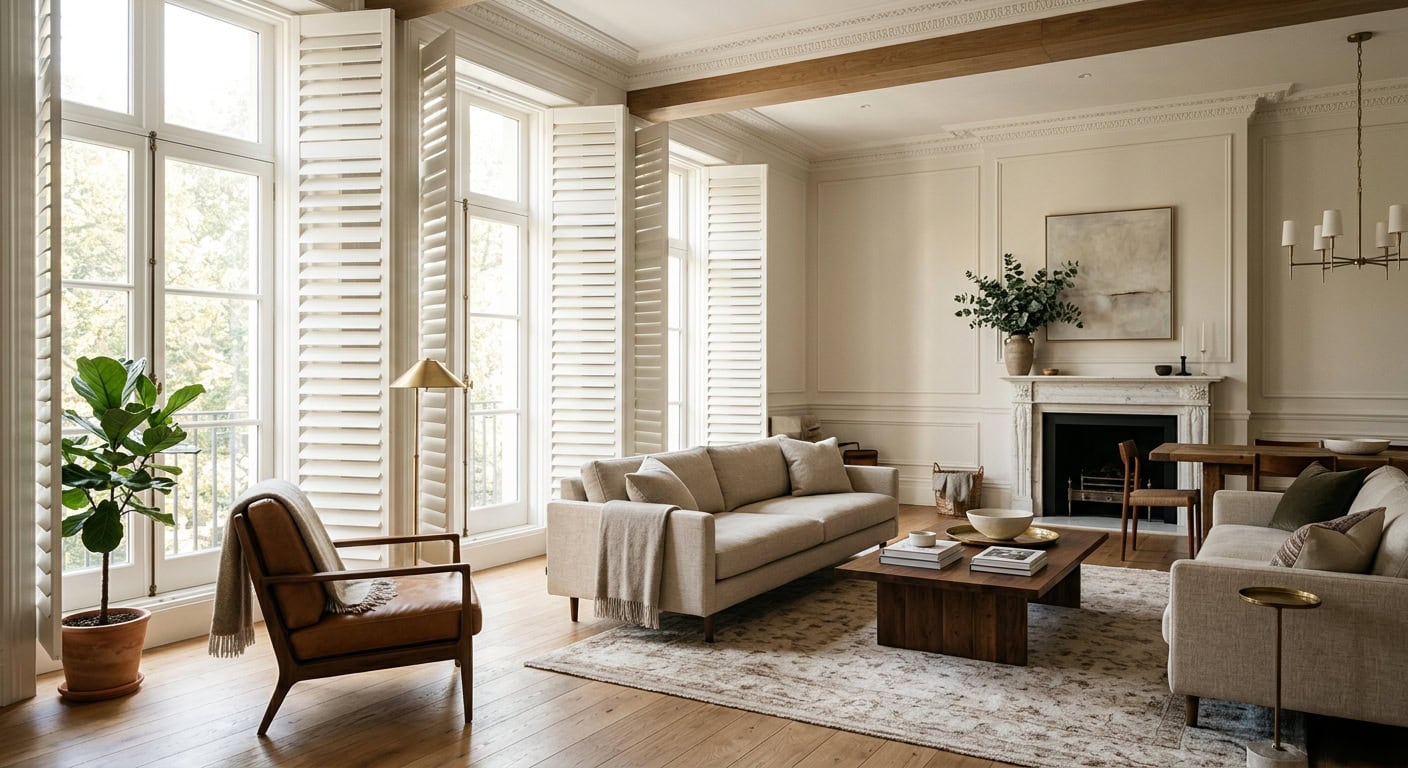 Bright living room with large windows and stylish shutters.
