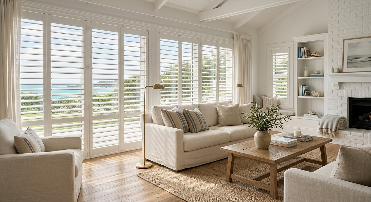 Bright coastal living room with white plantation shutters and neutral decor.