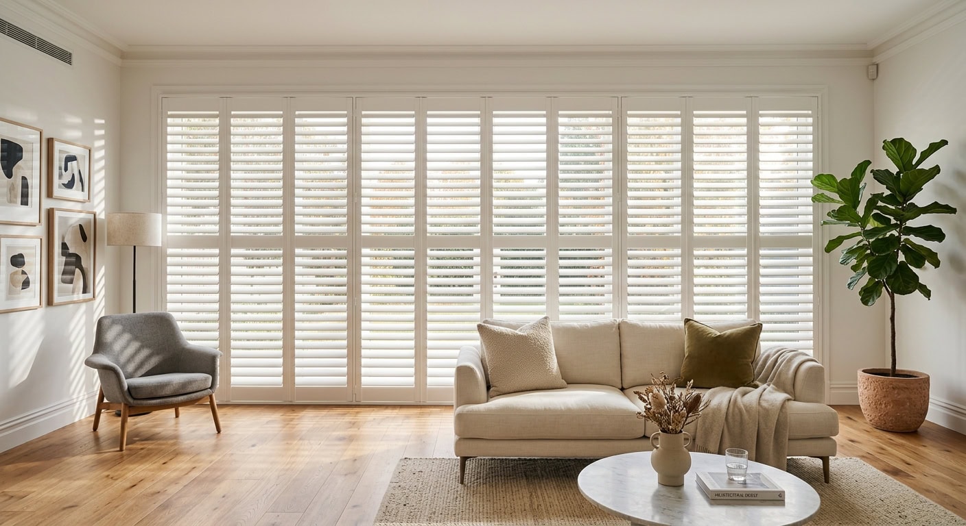 Bright living room with white plantation shutters and comfortable furniture.