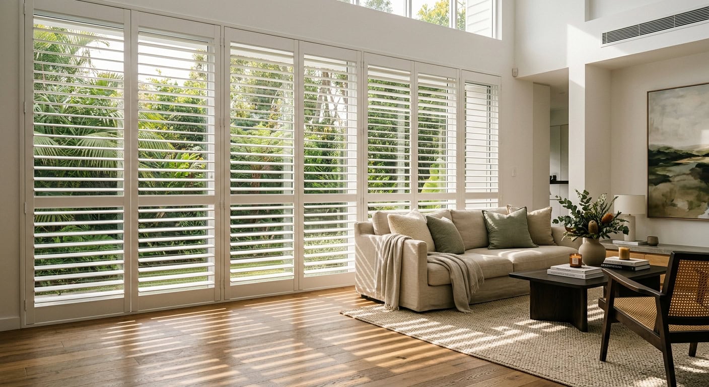 Bright living room with white plantation shutters and natural light.