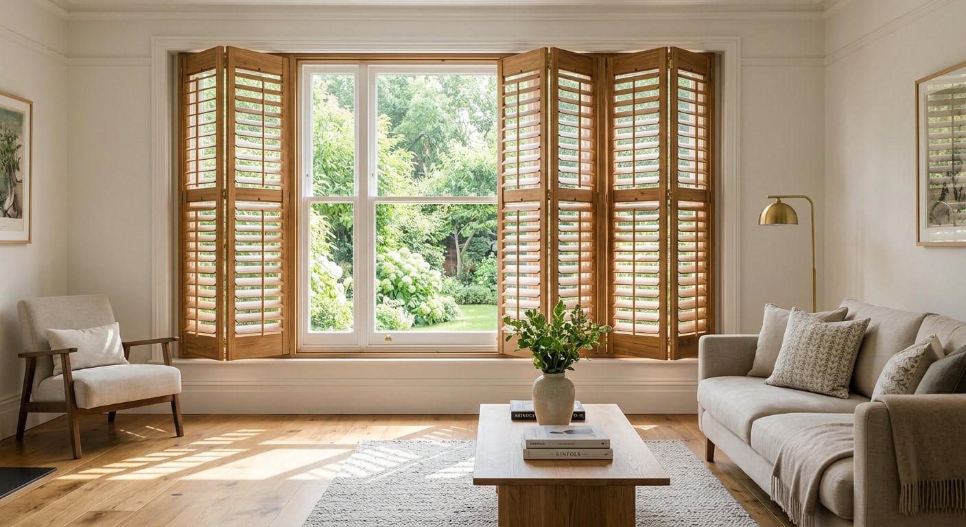 Living room with stylish wooden shutters and natural light.