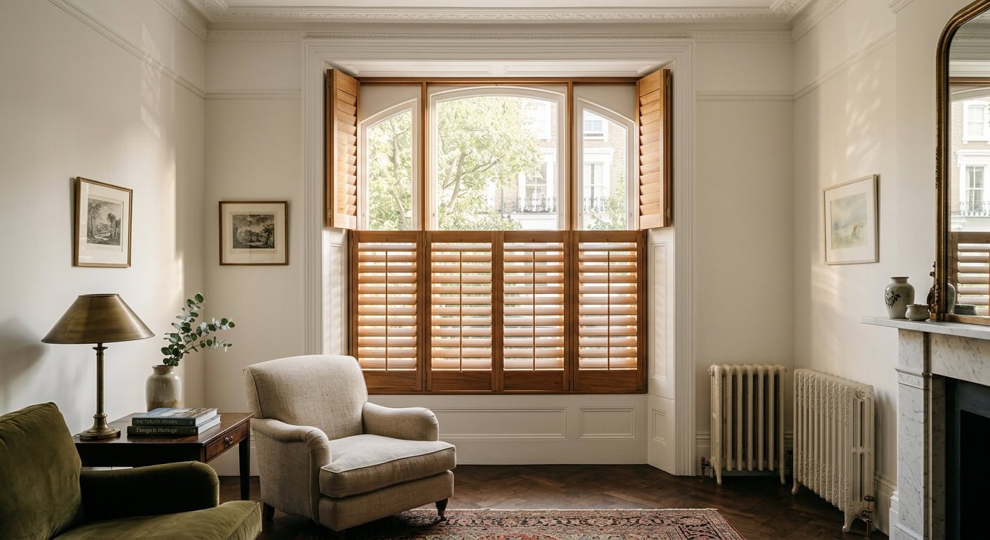Elegant living room with large window and wooden shutters for privacy and style.