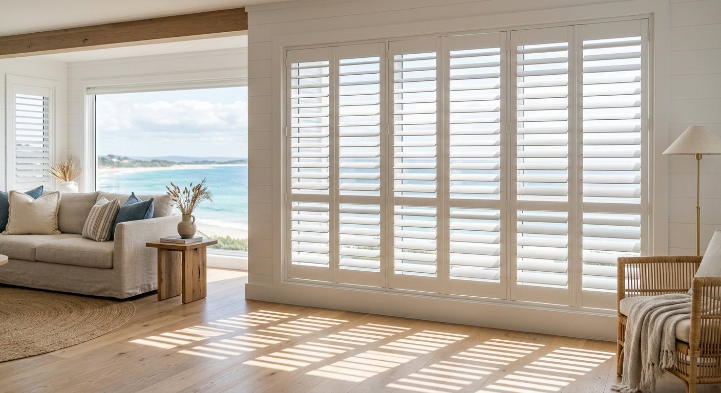 Bright living room with white shutters and ocean view in the background.