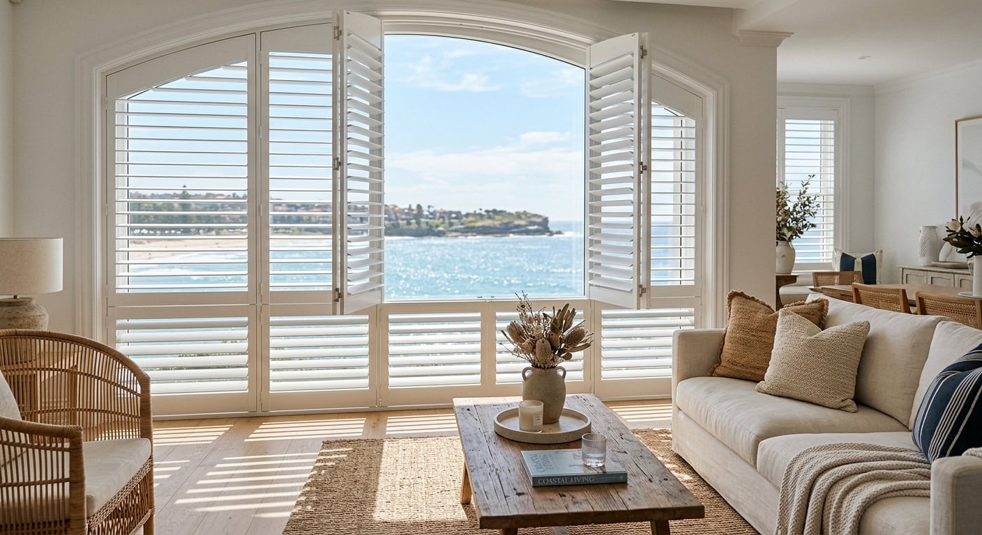 Bright living room with white shutters and a scenic water view.