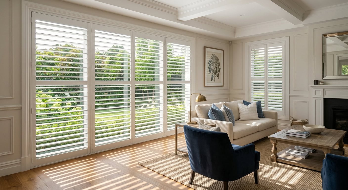 Bright living room with white plantation shutters and natural light.