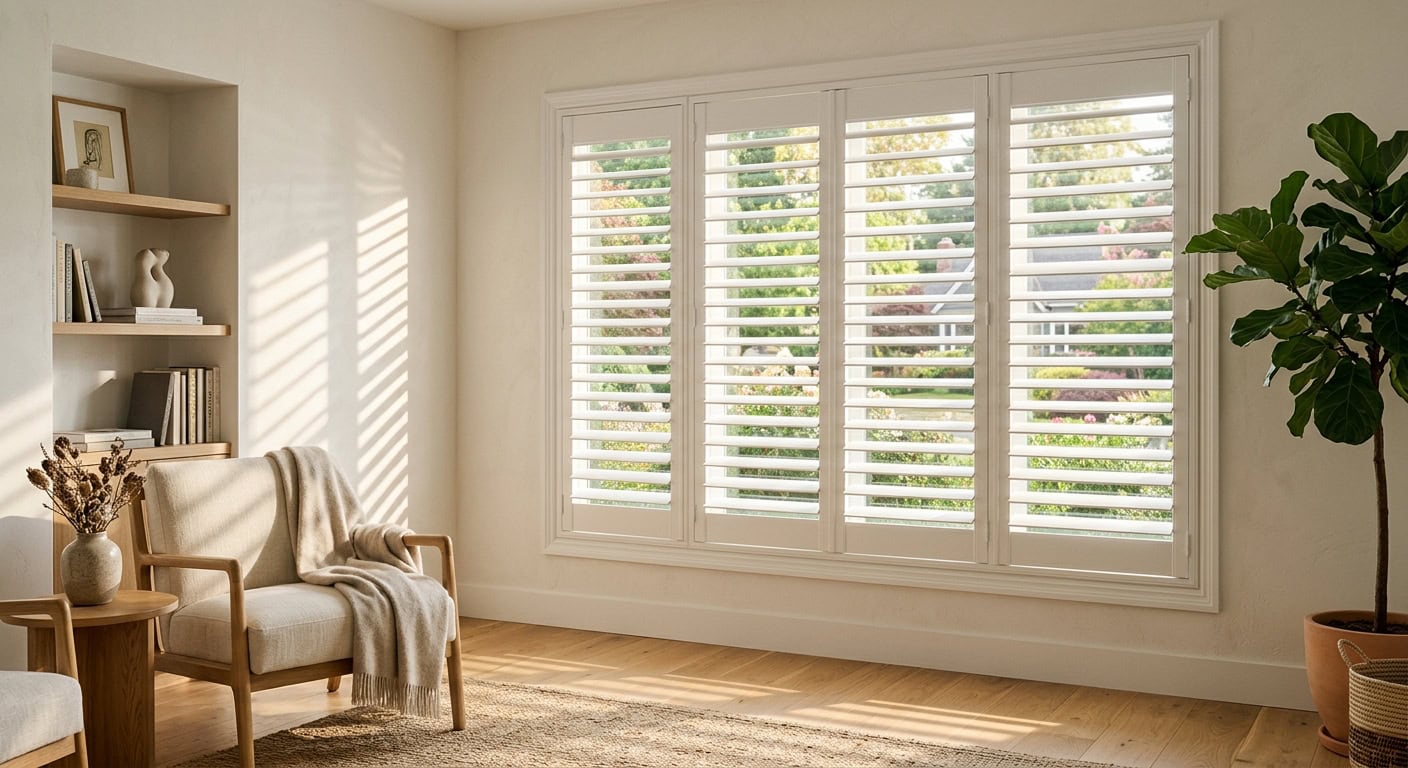 Bright living room with large shuttered windows and natural light.