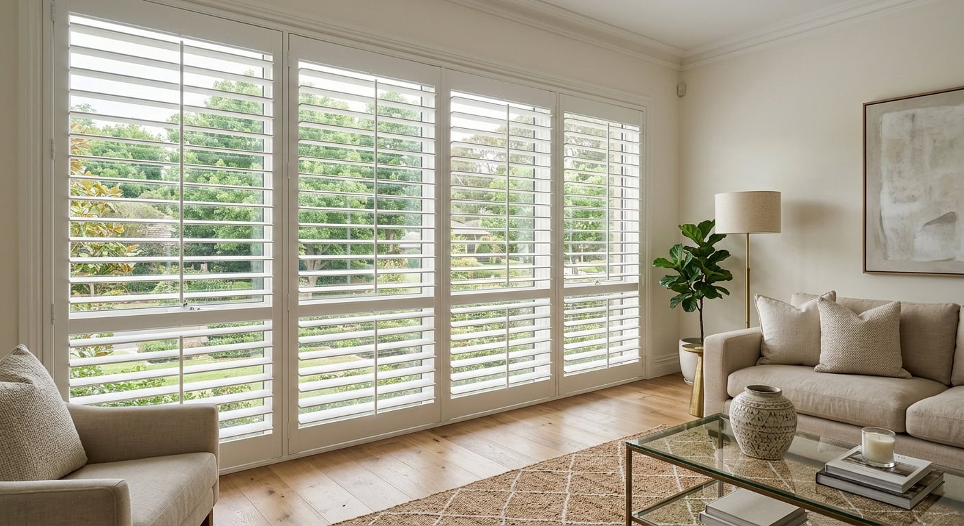 Bright living room with large white plantation shutters and natural light.