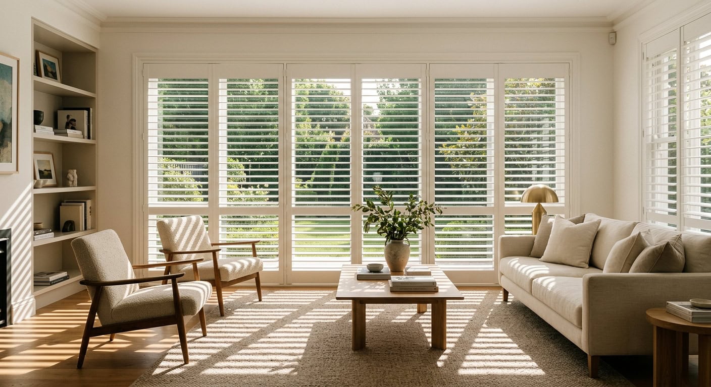 Sunlit living room with white shutters and modern furniture.