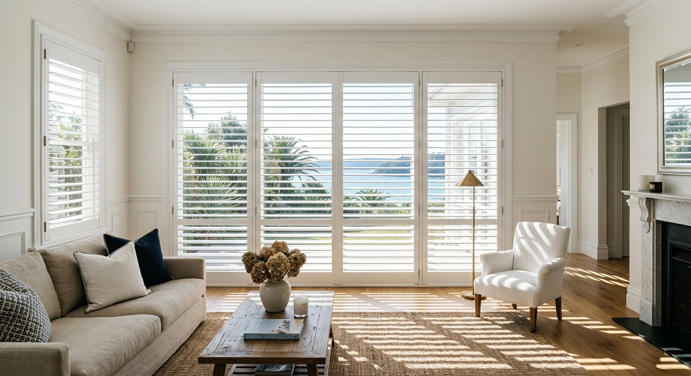 Bright living room with white shutters and natural light.