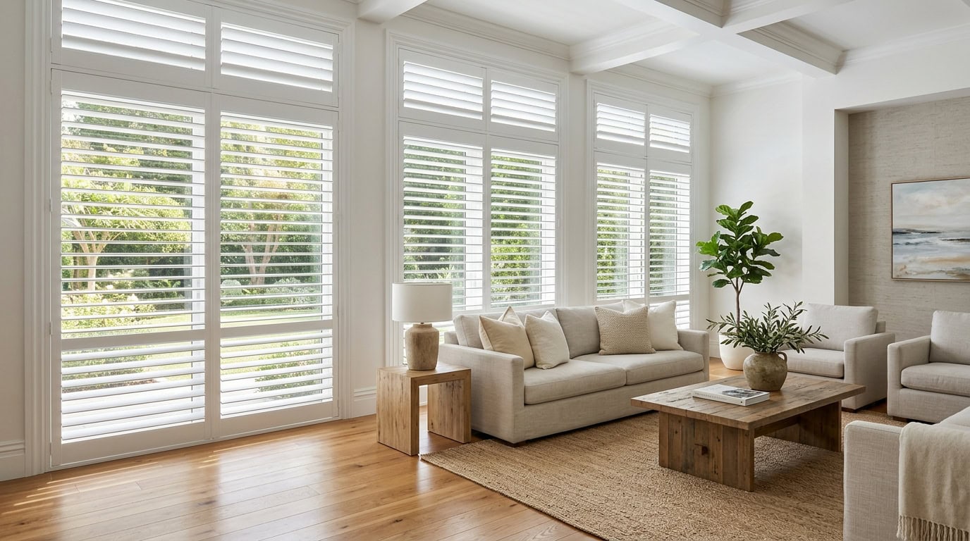 Bright living room with white plantation shutters and natural light.