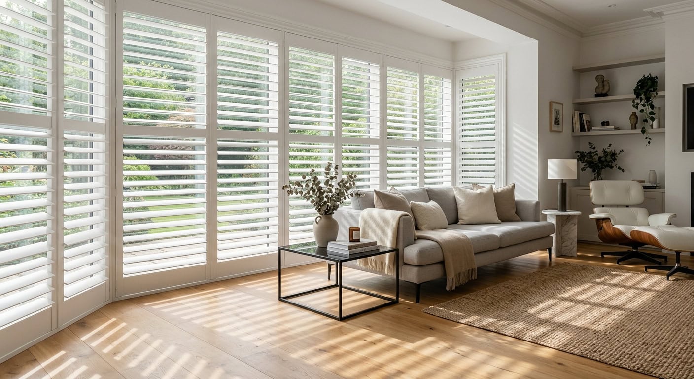 Bright living room with white plantation shutters and natural light.