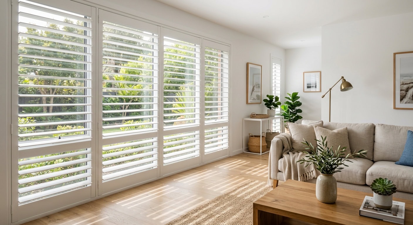 Bright living room with white plantation shutters and natural light.