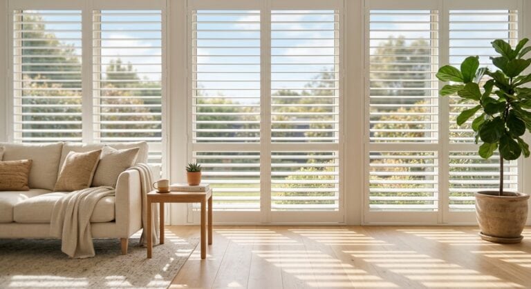 Bright living room with large wooden shutters and natural light.