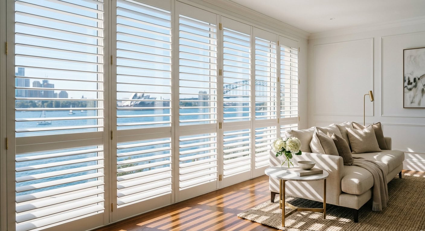 Elegant white plantation shutters in a bright living room with city view.