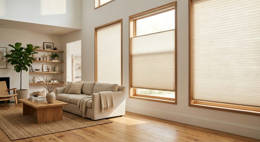 Bright living room with large windows and beige blinds.