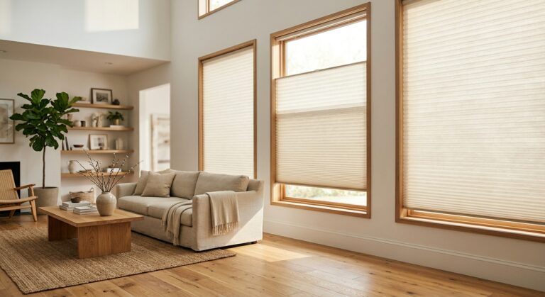 Bright living room with large windows and beige blinds.