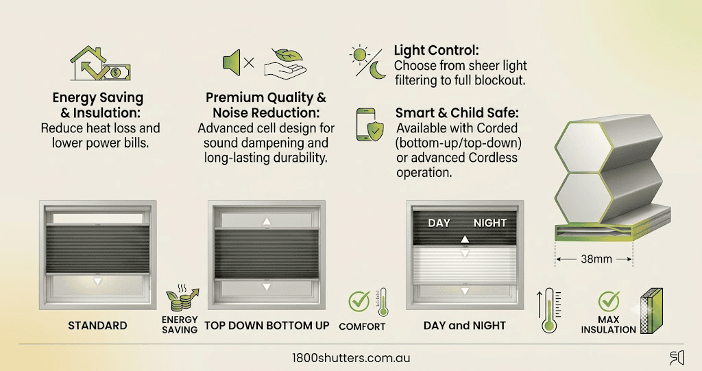 Honeycomb blinds showcasing energy efficiency and light filtering features.
