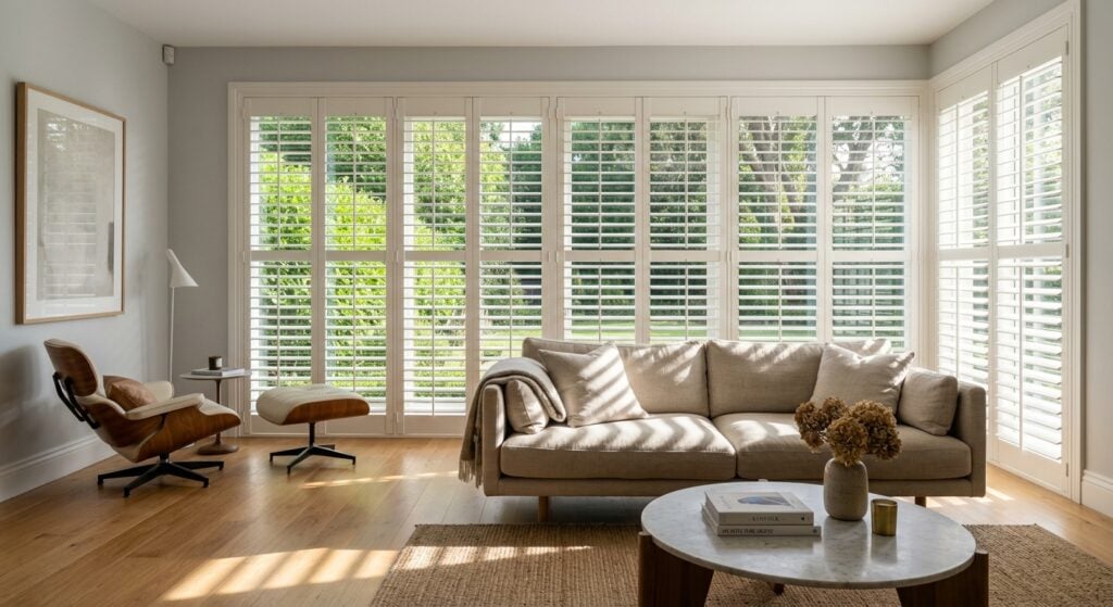 Bright living room with white plantation shutters and beige sofa.