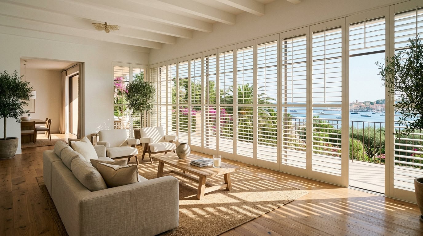 Bright living room with large windows and white shutters overlooking water.