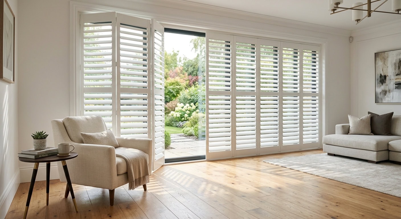 Bright living room with large white shutters and garden view.