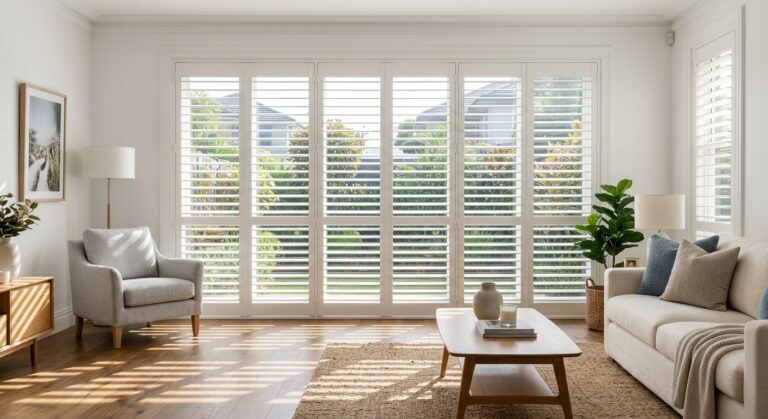 Bright living room with white plantation shutters and natural light.