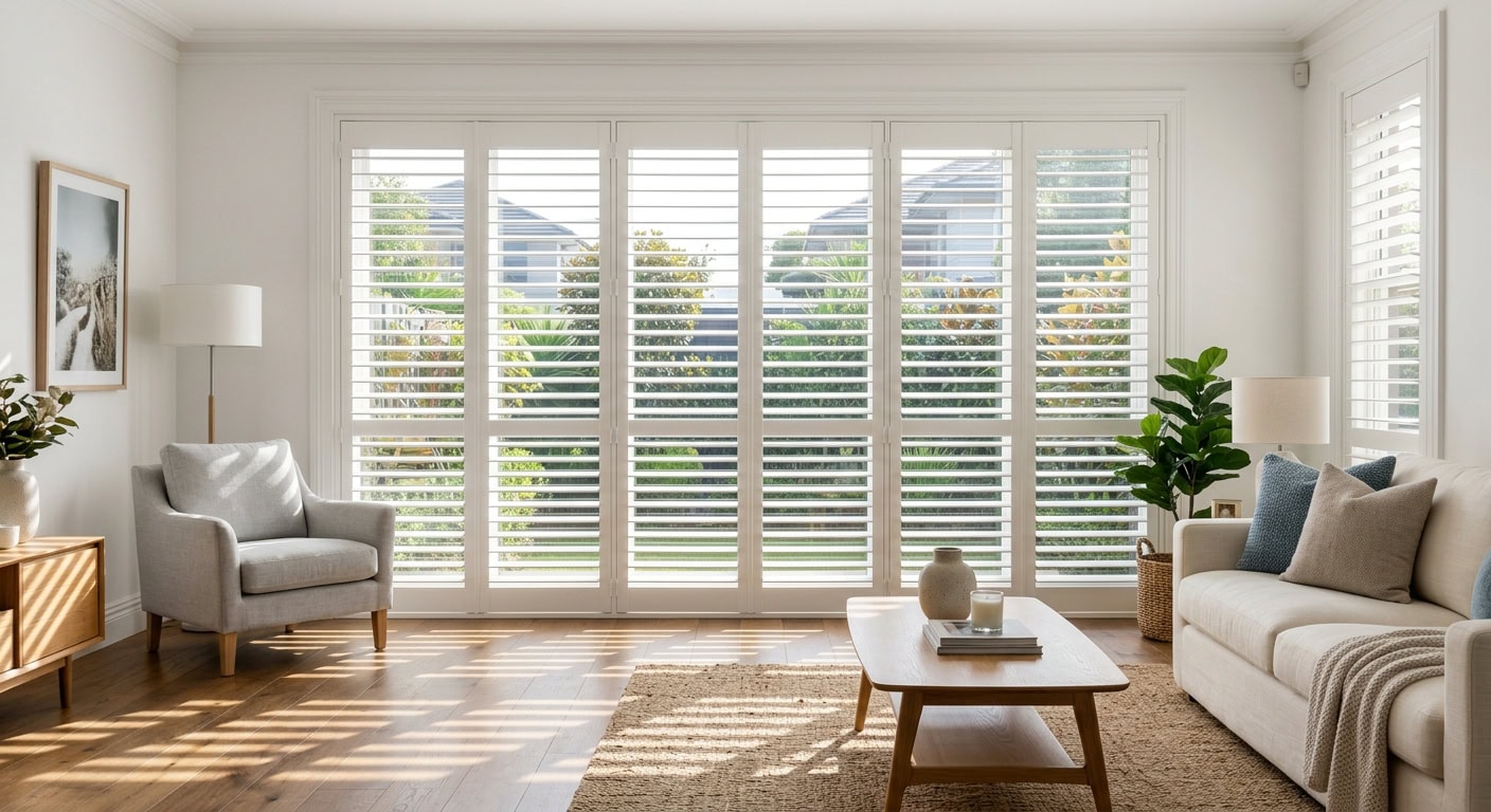 Bright living room with white plantation shutters and natural light.