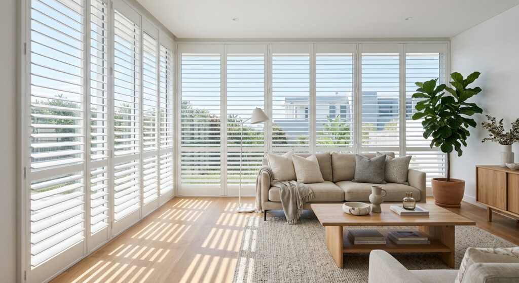 Bright living room with white plantation shutters and natural sunlight.