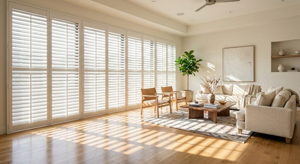 Bright living room with white plantation shutters and natural sunlight.