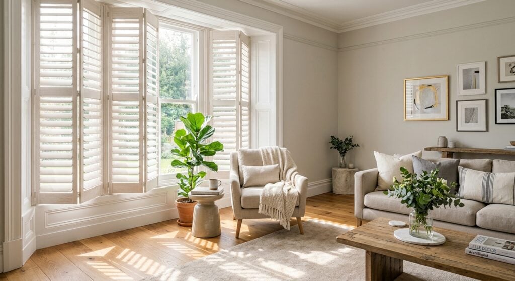 Bright living room with white plantation shutters and modern decor.