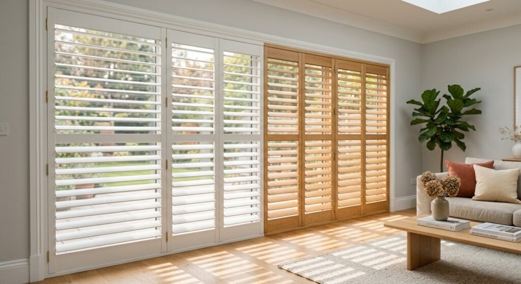 Stylish wooden and white shutters in a bright living room.