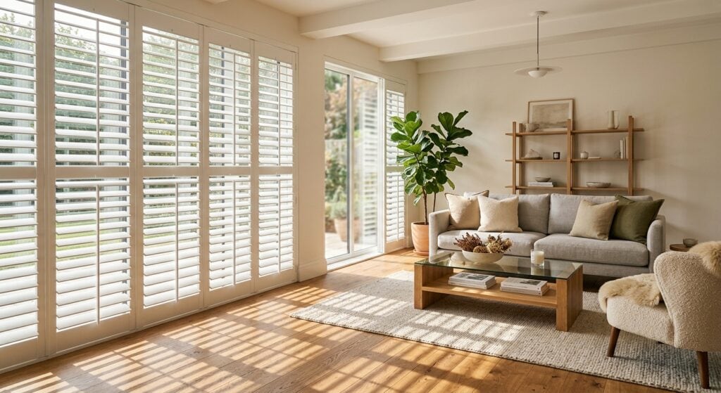 Bright living room with white plantation shutters and natural light.
